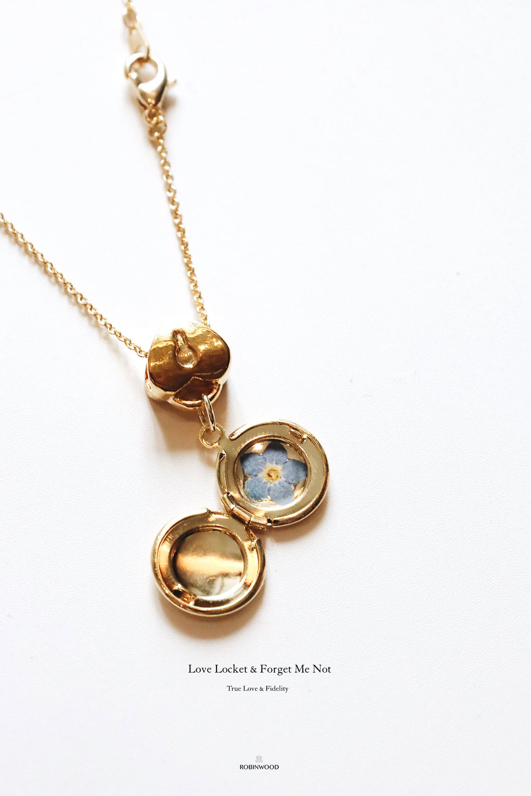 " Engraved Memorable Locket & Forget Me Not" 2025 Collection, 14K Gold Solider Chain, Robinwood