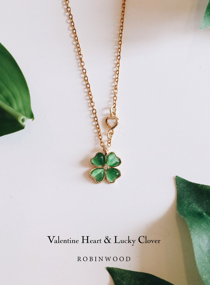 Limited Valentine's Collection " Pave Heart & Green Quartz Lucky Clover Necklace, Robinwood