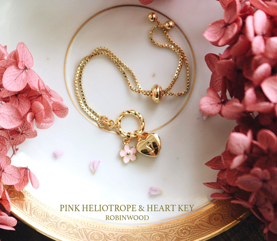 JULY COLLECTION'S " PINK HELIOTROPE & LOVE KEY ", 14K GOLD SNAKE CHAIN, ROBINWOOD