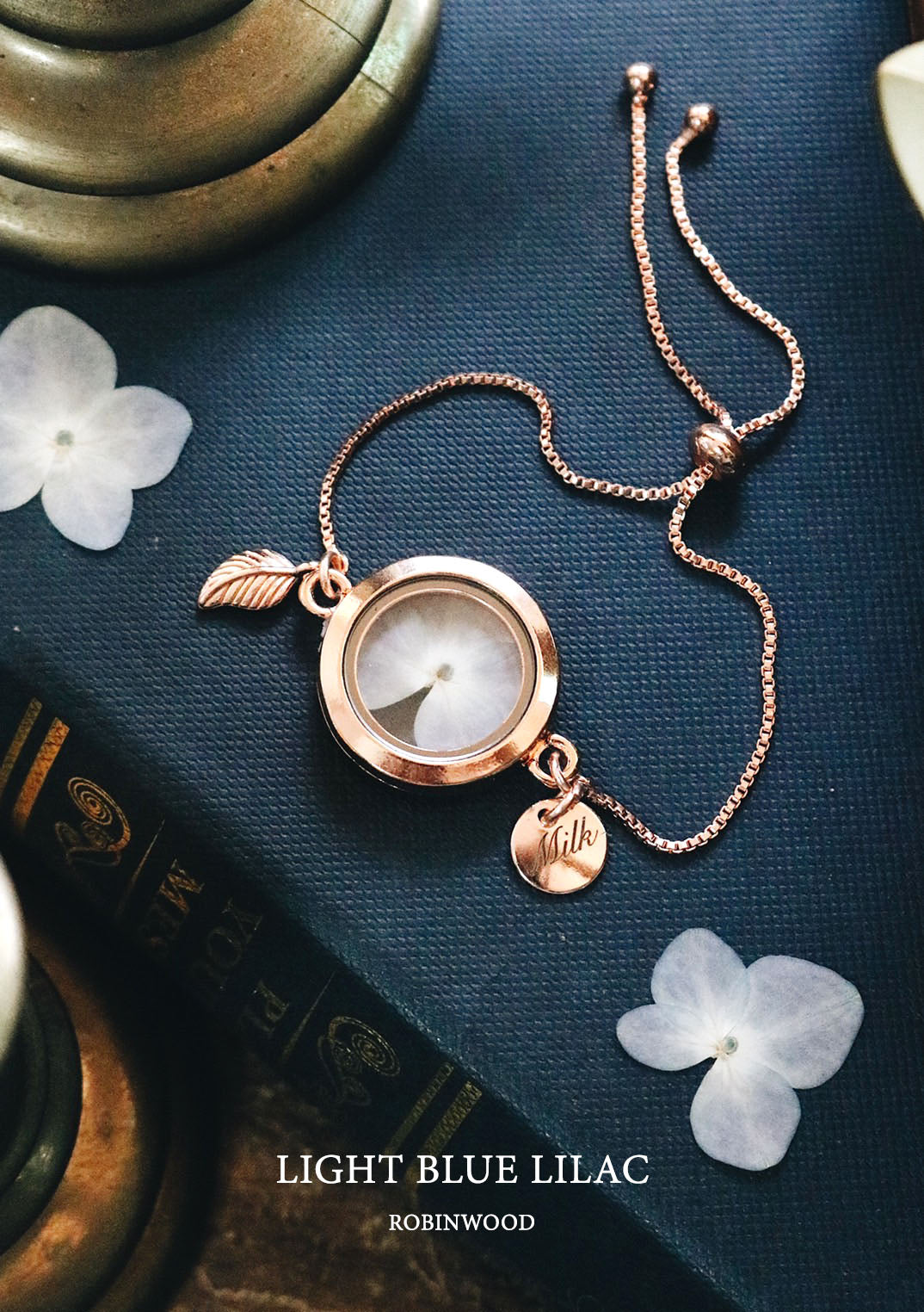 " October Collection's " Rosegold Locket & Snake Chain, White Blue Lilac Flower, Robinwood