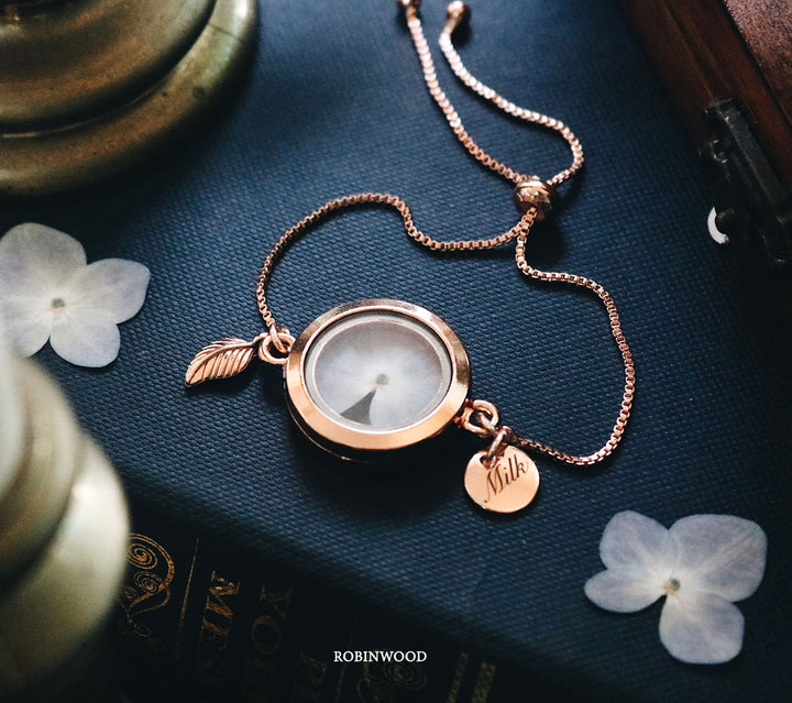" October Collection's " Rosegold Locket & Snake Chain, White Blue Lilac Flower, Robinwood