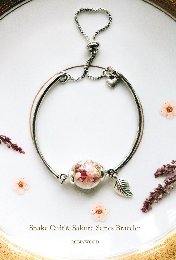 " March Collection's " Sakura Flower & Snake Cuff Stlerling Silver Bracelet, Adjustable Size, Robinwood