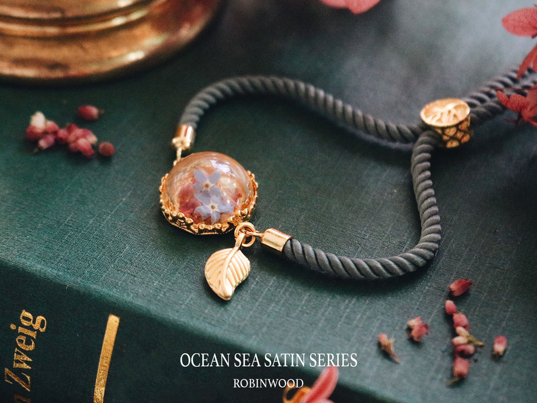 " August Collection " Heaven Forest Series, Brass Custom design, Gold snake Chain & Ocean Sea Satin Bracelet