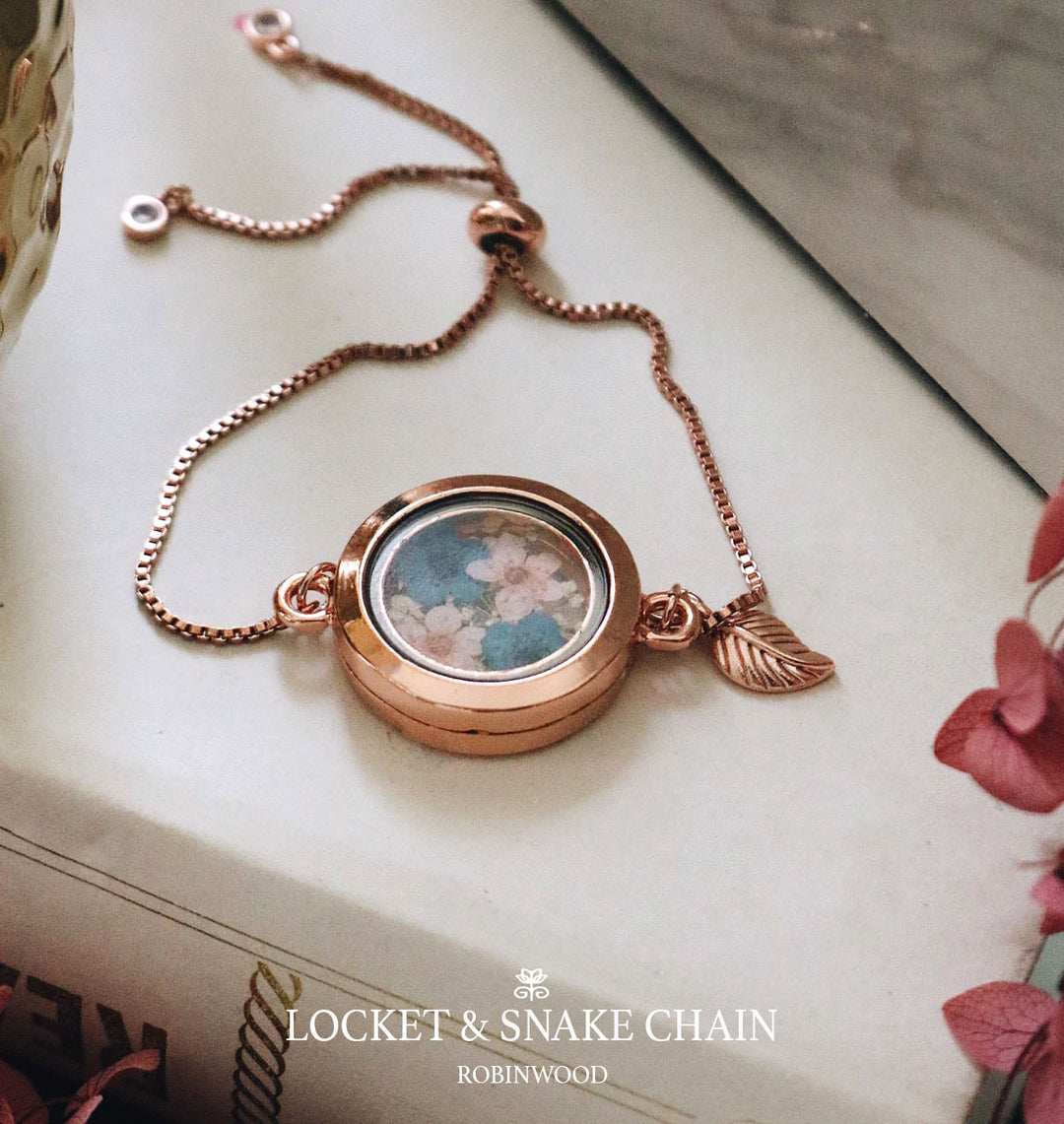 " September Collection's " Rosegold Locket & Snake Chain Series, Pink & Blue Heliotrope Flower, Robinwood