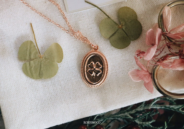 April's Promotion" Lucky & Wealthy with Four Clover ", Craft Rosegold design Necklace, Robinwood, Gift for Her, Elegant craft, Robinwood