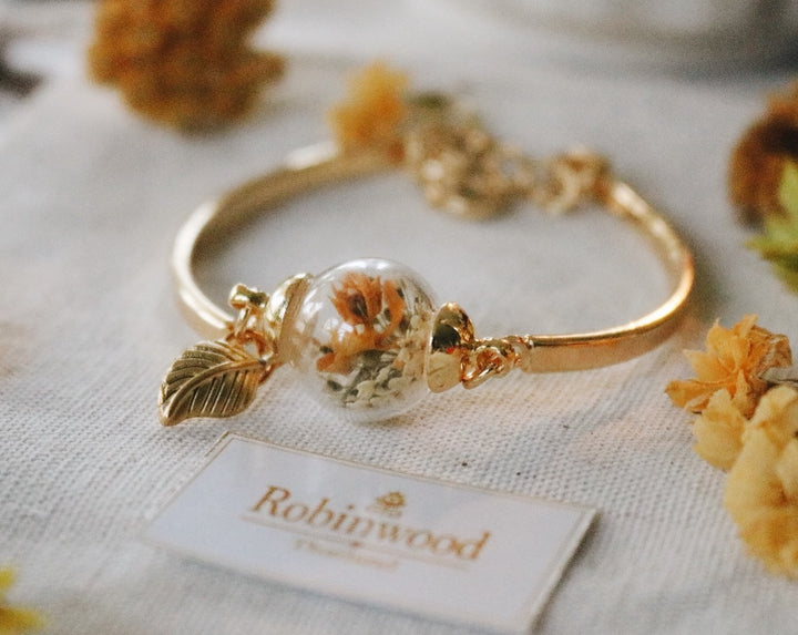 Yellow Sun flower design art blending with white queen anne lace 14K gold cuff adjustable bracelet, Gifts, Robinwood, Elegant crafts
