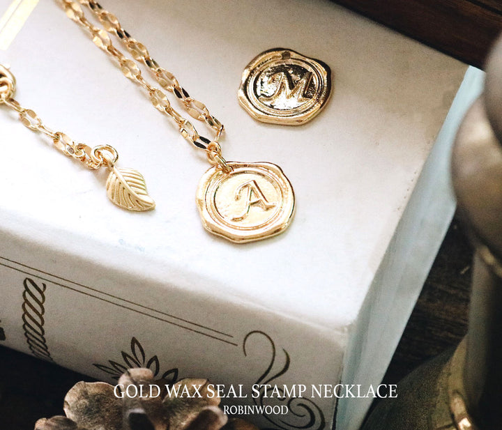 14 K Elegant Gold Wax Seal Stamp, Design Your Classic Letter A - Z Necklace, Robinwood, The Story of Gold Gift Box