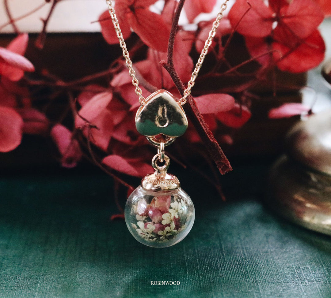 14K Rose Gold " Memory Of Heart Key " & Pink Heather Forest Blending White Queen anne lace garden Necklace, Robinwood, Masterpieces