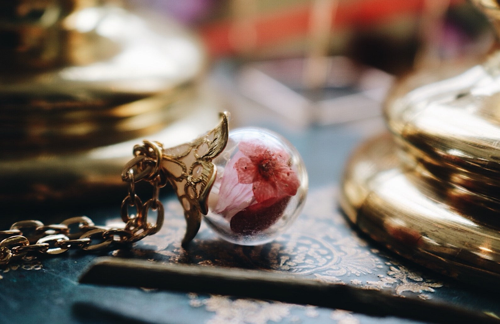 Warm Red For Get Me Not, Pink leaf, Gold Leaf Pendant Necklace