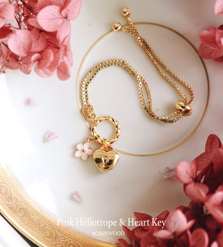 JULY COLLECTION'S " PINK HELIOTROPE & LOVE KEY ", 14K GOLD SNAKE CHAIN, ROBINWOOD