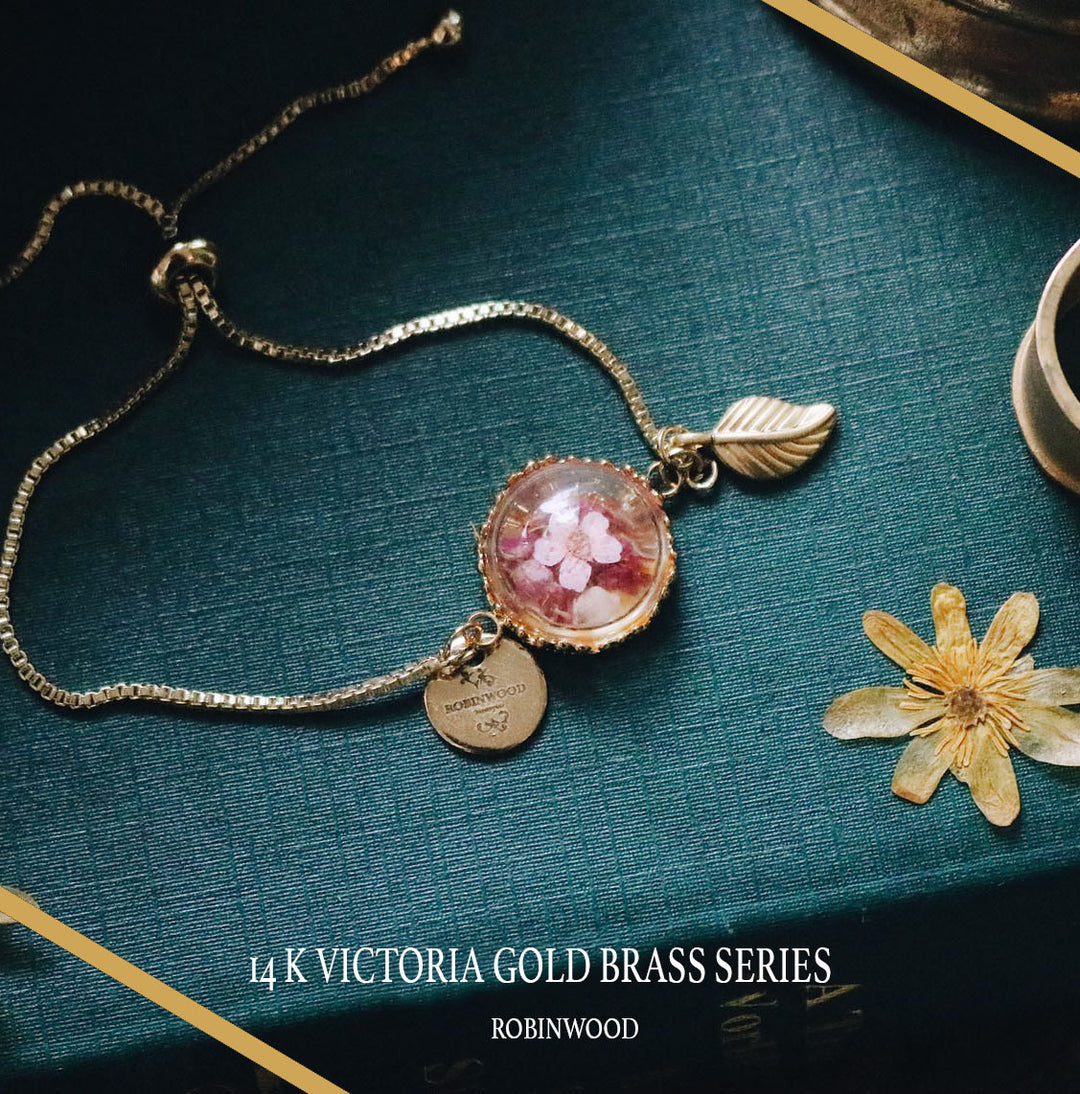 14K Gold Flower Victoria Brass Design & Pink Heliotrope Forest Bledning Snake Chain Bracelet, Robinwood, Masterpieces, Yut Sila