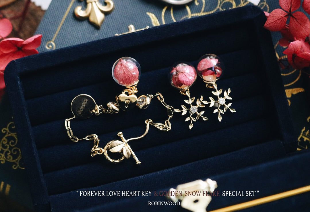 Special Set Edition " 16 K Heart Key Unique Bracelet Design & 16 K Taylor Swarovski Leaf Gold Earring, Robinwood, Yut Sila, Gitf For Her, Masterpieces, Set Edition