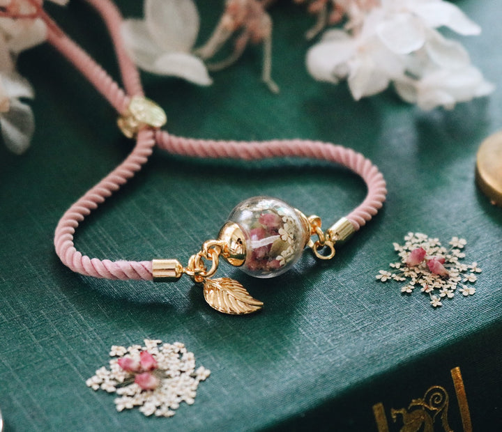 14K Gold Pony Pink Satin Leather, The Story of " Warm Heather Flower embrace White Garden " Blending, adjustable Bracelet, Yut sila, Gift For Her, ผลงานที่ออกแบบเองได้, Robinwood