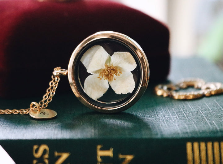 14 K Gold " The story of White Jasmin Dry flower" & Gold Locket Necklace, Robinwood, Masterpice, yut sila, Gift For Her