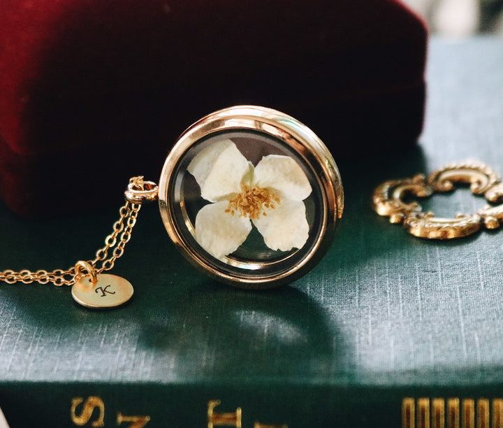 14 K Gold " The story of White Jasmin Dry flower" & Gold Locket Necklace, Robinwood, Masterpice, yut sila, Gift For Her