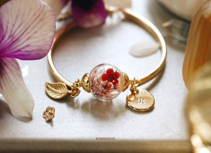 May Collection " Eternal Love & Red Heliotrope ", Gold Cuff Bracelet, Robinwood