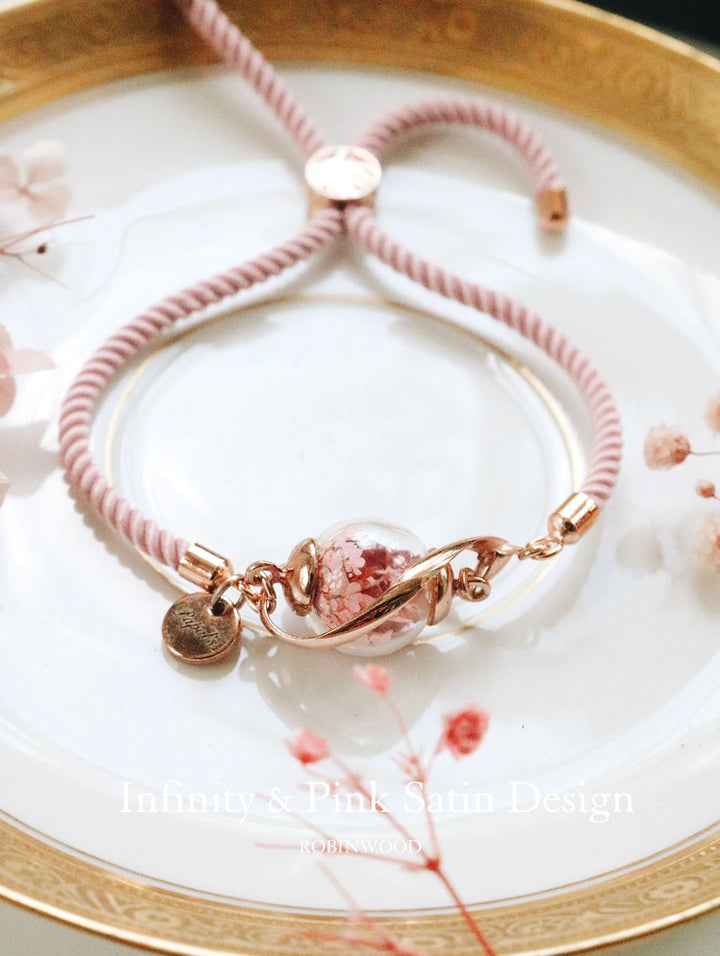June Collection's " Inifnity Pink Rose Satin Design & Dream Pink Flower ",Name Tag, Robinwood, Adjustable Bracelet