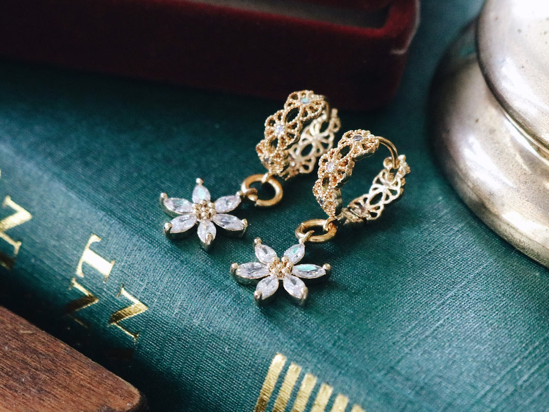 16 K Gold Victoria Belmont & White Swarovski Blossom Earring Design, Robinwood, Luxury Style, Non-Flower Earring, Gift For Her