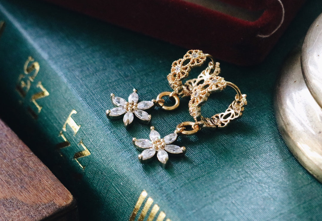 16 K Gold Victoria Belmont & White Swarovski Blossom Earring Design, Robinwood, Luxury Style, Non-Flower Earring, Gift For Her