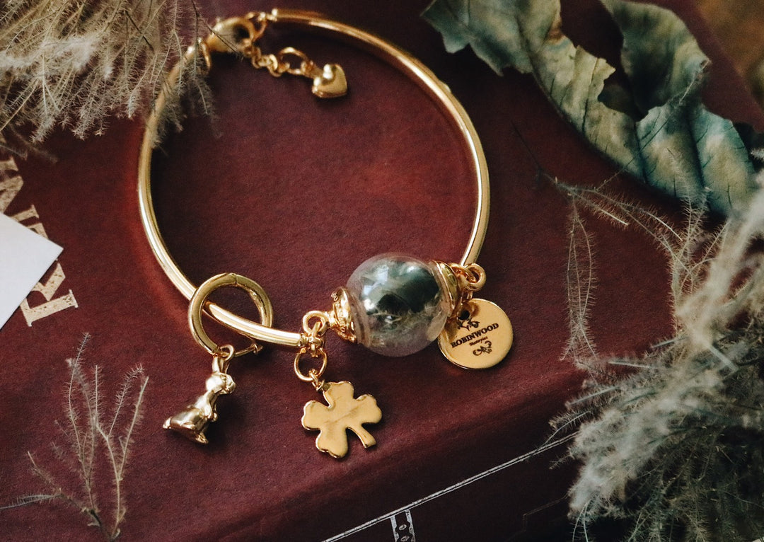 14 K Gold Cuff Mystery Forest Design & Momori Bunny Totem Adjustable Bracelet, Robinwood, Masterpieces, Yut Sila