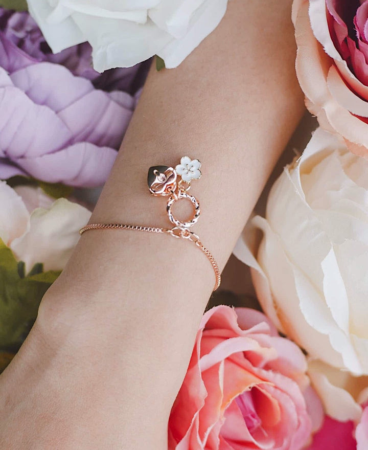 14 K Rosegold Marvelous Cherry Blossom & Love Heart Rosegold Snake Chain adjustable Bracelet Design, Robinwood, Masterpieces, Flower Gift, Yut Sila, Kimono Collection's