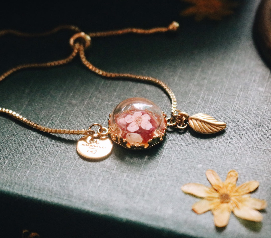 14K Gold Flower Victoria Brass Design & Pink Heliotrope Forest Bledning Snake Chain Bracelet, Robinwood, Masterpieces, Yut Sila