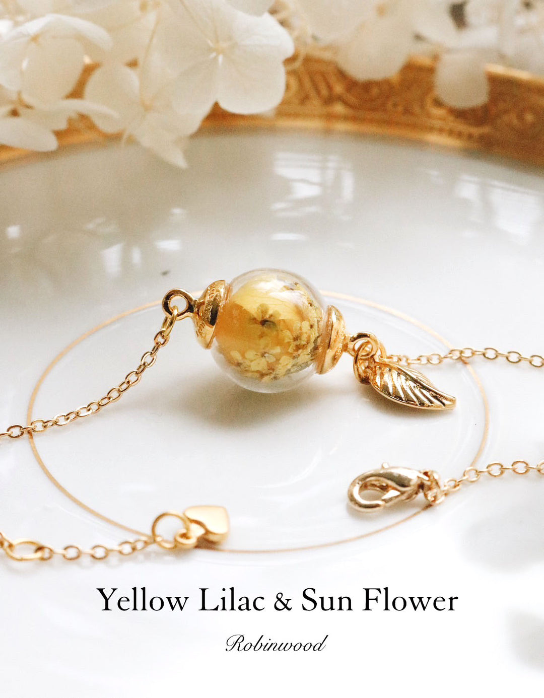 October Collection's " Yellow Lilac & Sun Flower " Design, 14K gold Solider Chain, Robinwood