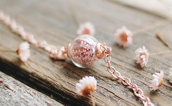 Pearl Pink Queen Anne Lace , rose gold adjustable chain , robinwood , gift for her , flower jewelry, Elegant , Birthday gift - robinwood