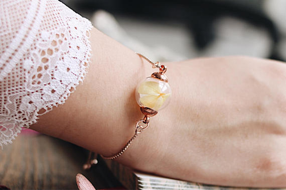 Yellow Hydrenyea , Rose Gold snake chain adjustable size bracelet , Gift for her , flowergift ,robinwood - robinwood