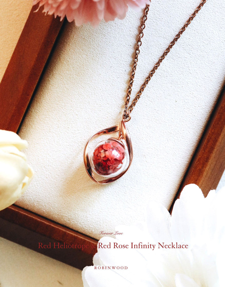 Valentine Limited Collection's " Red Heliotrope & Red Rosy Rose" Infinity Necklace Design, Robinwood