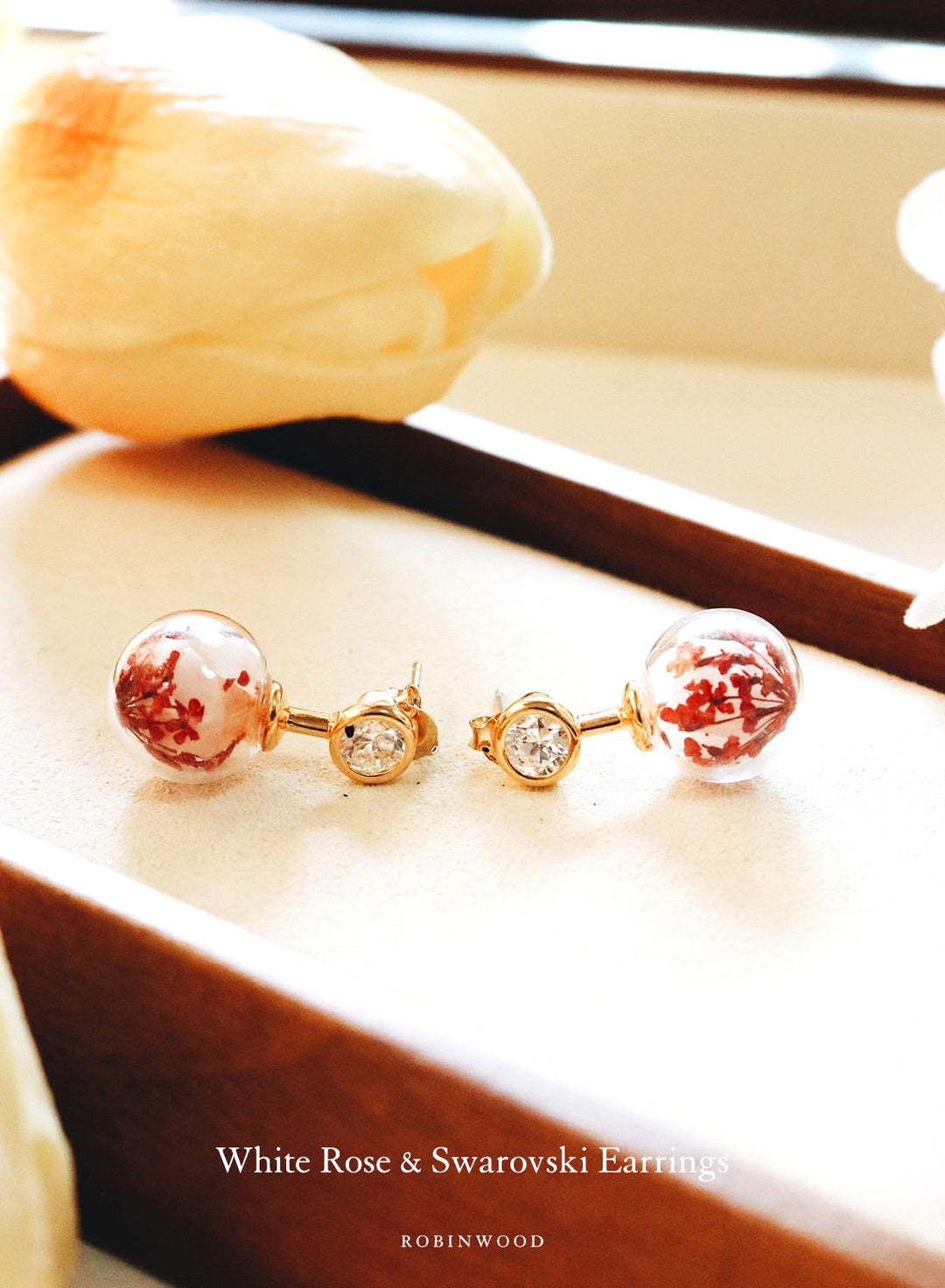 Valentine Limited Collection's " White Rose & Red Queen Anne" Adaline Swarovski Earrings, Robinwood