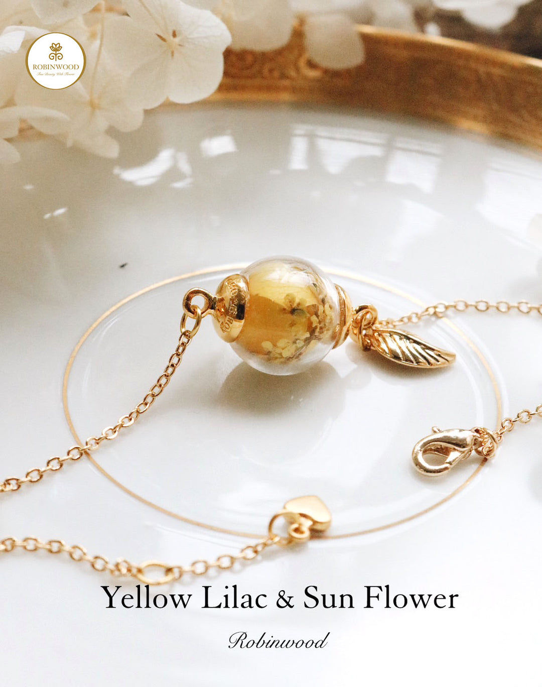 October Collection's " Yellow Lilac & Sun Flower " Design, 14K gold Solider Chain, Robinwood