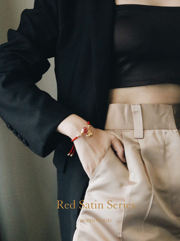 Red Satin Leather with Red rose blending white flower adjustable bracelet, robinwood, gift for her