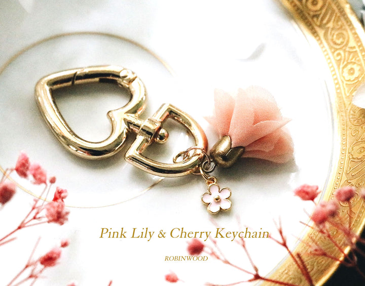 " Limited Keychain Collection's " Lily Pink Satin  Fabric & Pink Cherry Totem Gold Keychain Design, Robinwood
